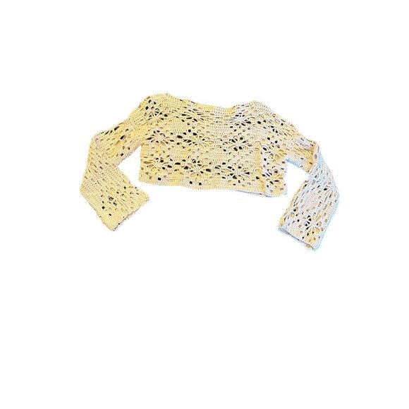 Hand-Crocheted Beige Floral Openwork Long Sleeve Crop Top Medium - Picture 1 of 4